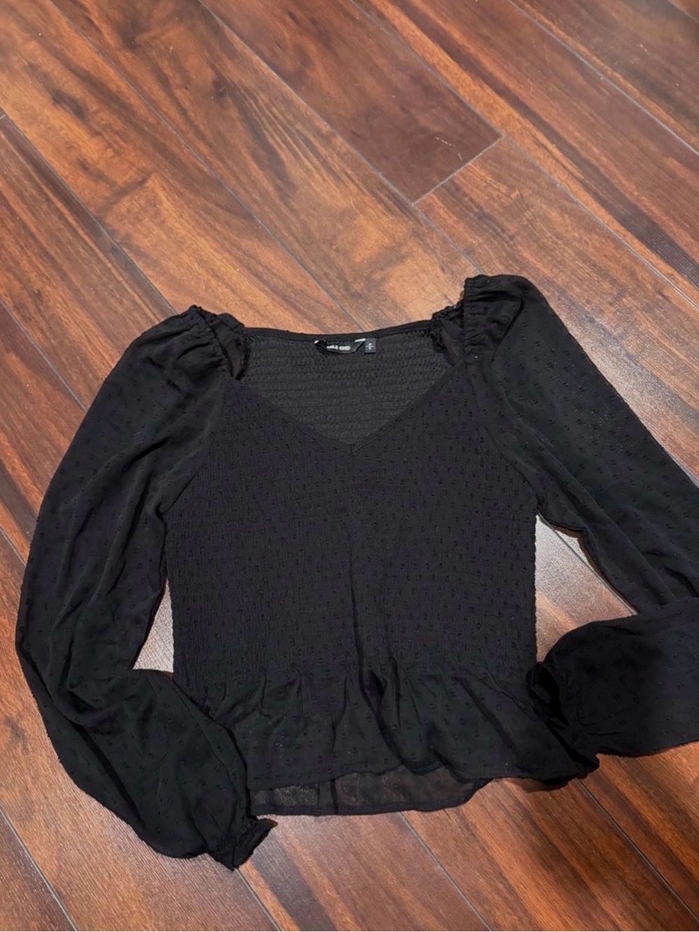 Black Swiss Dot Puff-Sleeve V-Neck Blouse